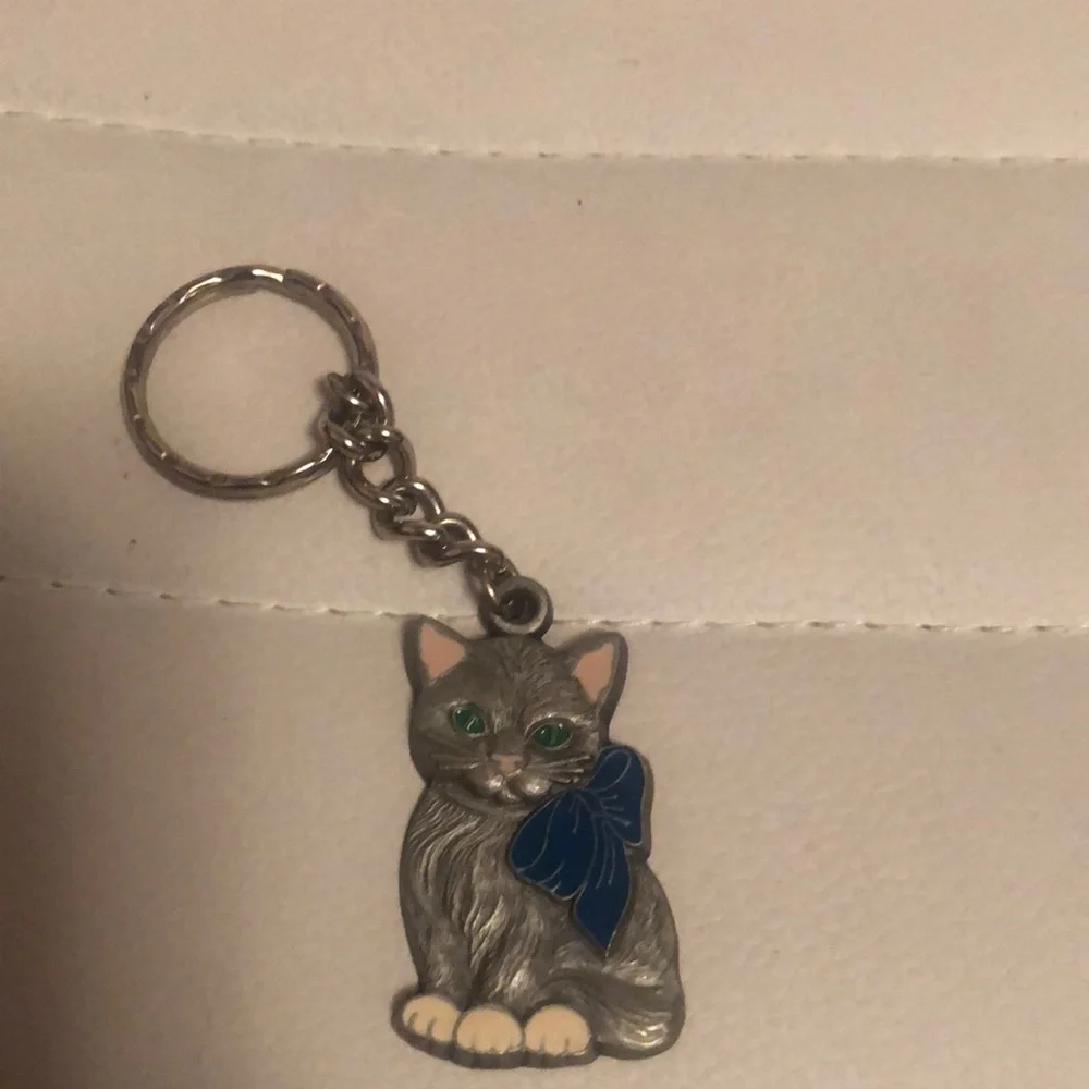 Gray Cat Keychain with Blue Bow